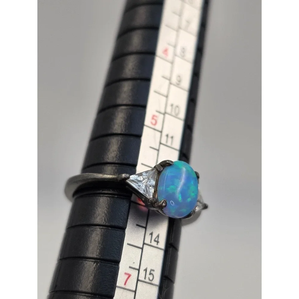 Sterling Silver‎ 925 Blue Opal Trillion CZ Three Stone Ring Size 6.25 Oxidized